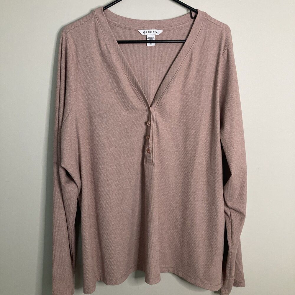Athleta Uptempo Ribbed Henley Top Womens 3X Mauve Pink Long Sleeve